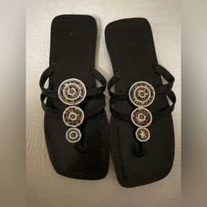 Black Leather Beaded Flat Sandals